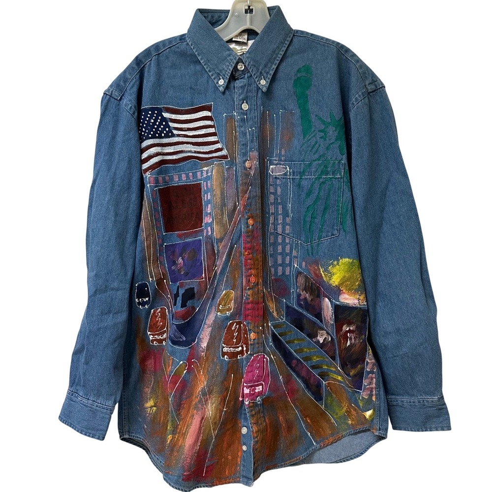 Lisa & Me Hand Painted Denim Shirt Womens XL NYC Statue of Liberty Flag NWT